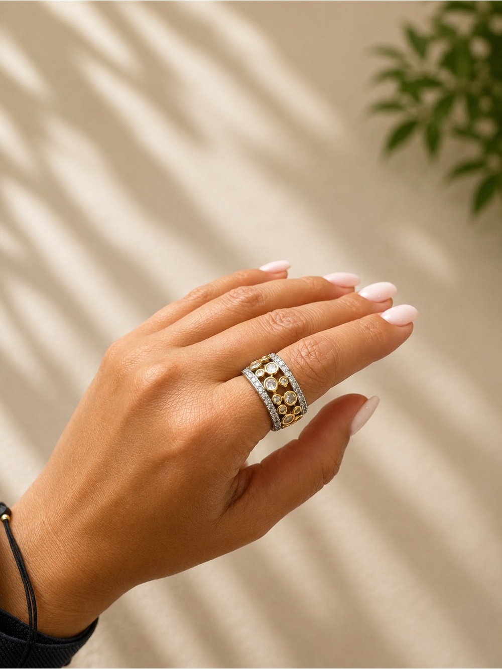 Two-Tone Crystal & Gold Accent Wide Band Ring